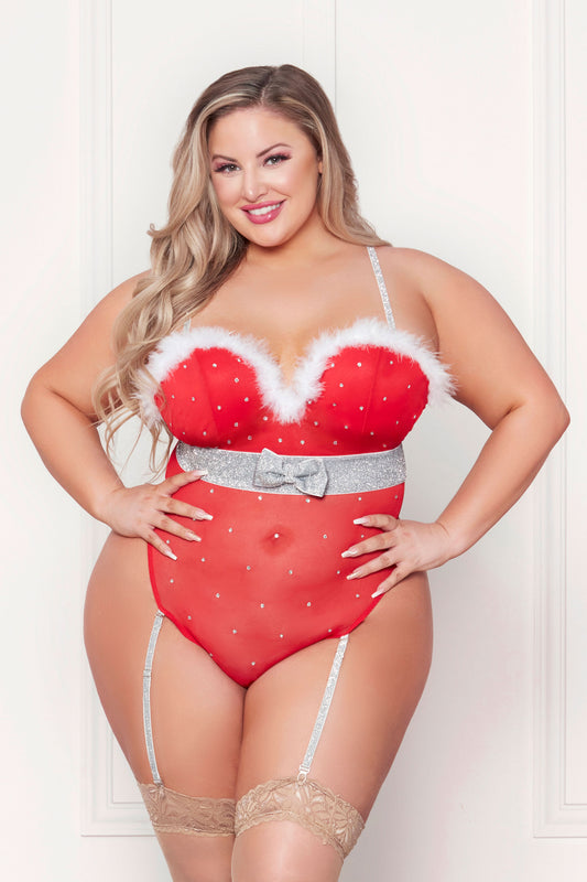 Rhinestone Studded Mesh Teddy With Marabou Trim -  X-Large - Red STM-11470REDXL