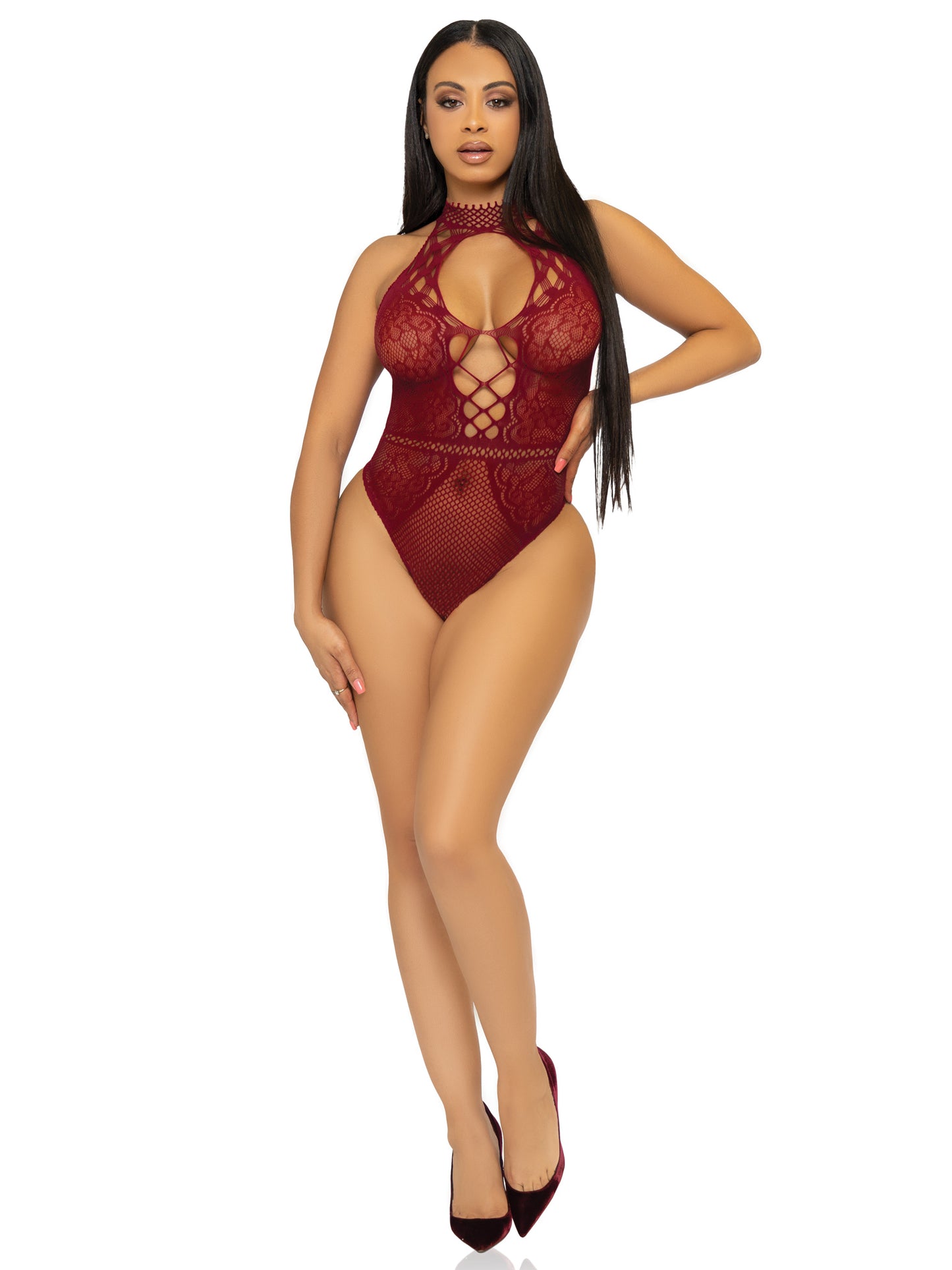 Net and Lace Keyhole Halter Bodysuit - One Size -  Burgundy LA-89307BUROS