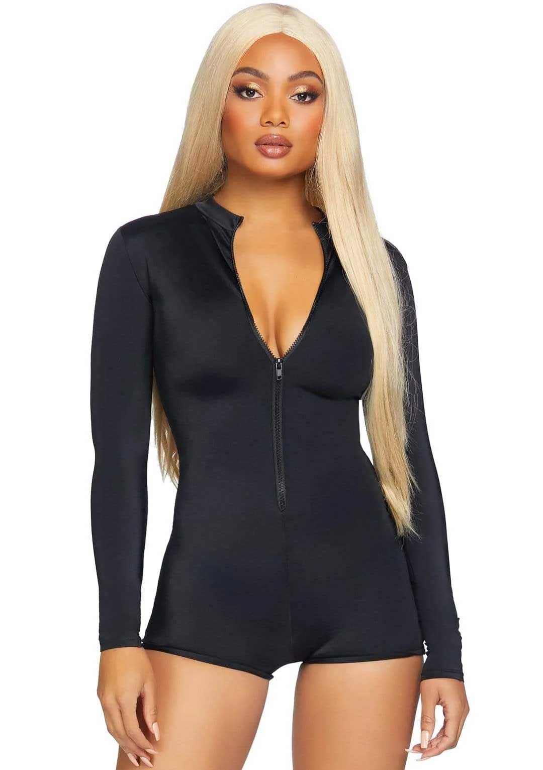 Zipper Front Long Sleeved Matte Romper - Large -  Black LA-86869BLKL