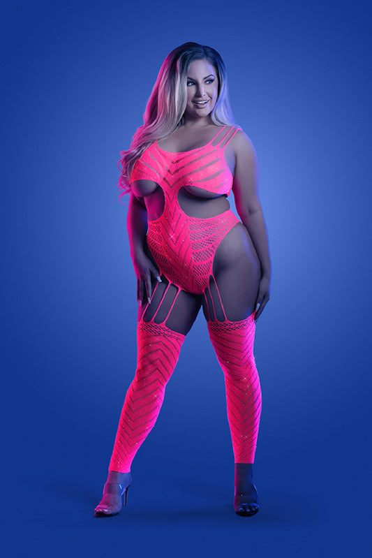 Wavelength Cutout Rhinestone Teddy Bodystocking -  Queen - Neon Pink FL-GL2140-QS-B